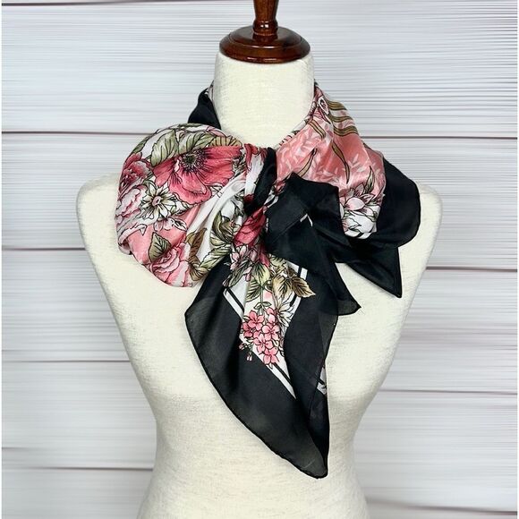 Floral Square Scarf Silky Chiffon Pink Ivory Black Trim Hand Rolled - Picture 10 of 13
